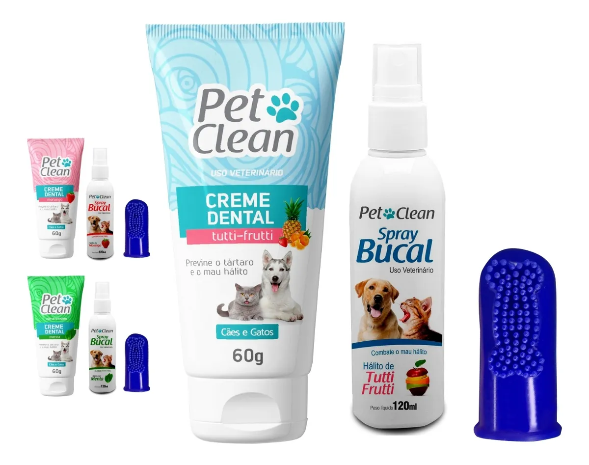 Gel Creme Dental Pet + Spray Bucal + Escova Dente Cachorro Sabor Tutti-fruti