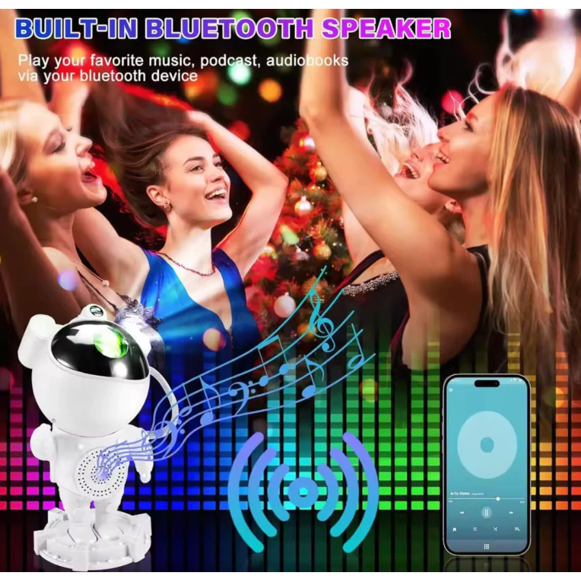 Luminária Astronauta com Som Bluetooth – Projetor de Luz Galáxia e Estrelas no Espaço 2