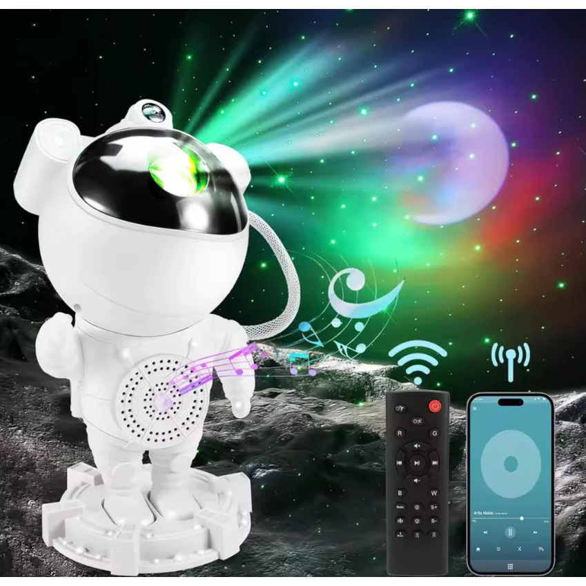 Luminária Astronauta com Som Bluetooth – Projetor de Luz Galáxia e Estrelas no Espaço